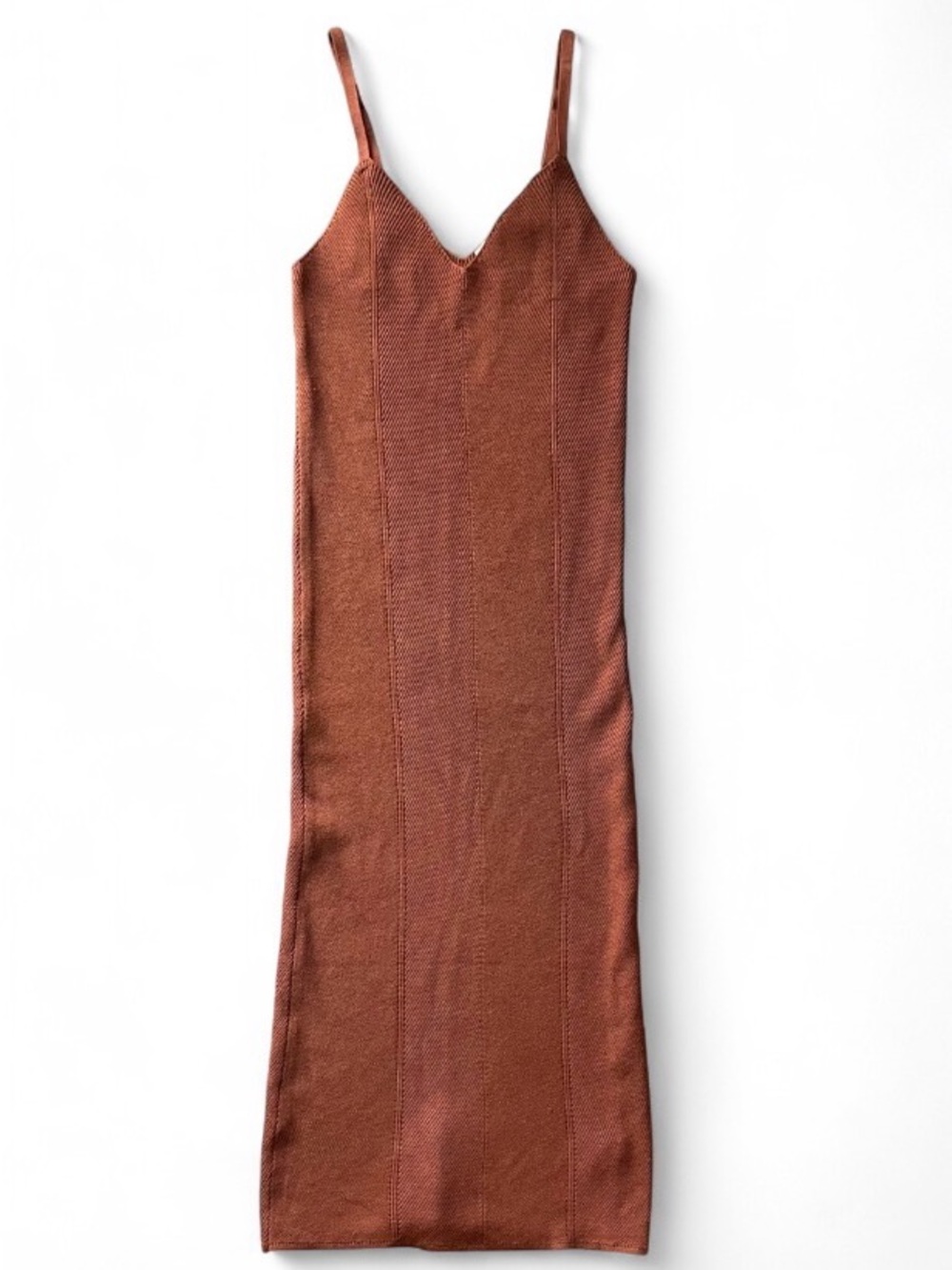 ❤️😲Freshman Rust Brown Ribbed Knit Maxi Slip Dress with Spaghetti Straps XS